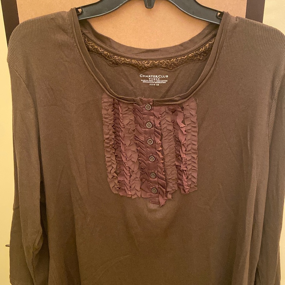 NWT 2X Charter Club brown top with ruffles and 3-4 sleeves